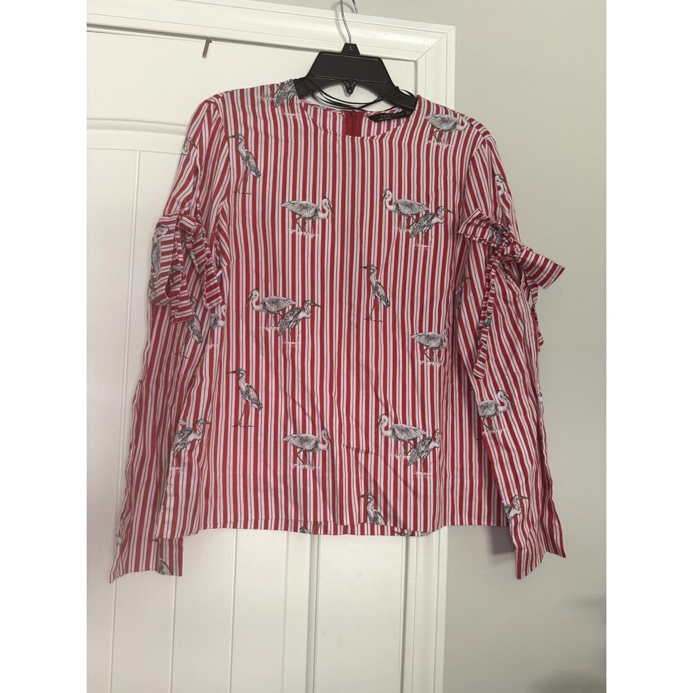 Red Vertical Striped w/Heron Bird Print Bow by Zara Womens Long Sleeve Blouse L